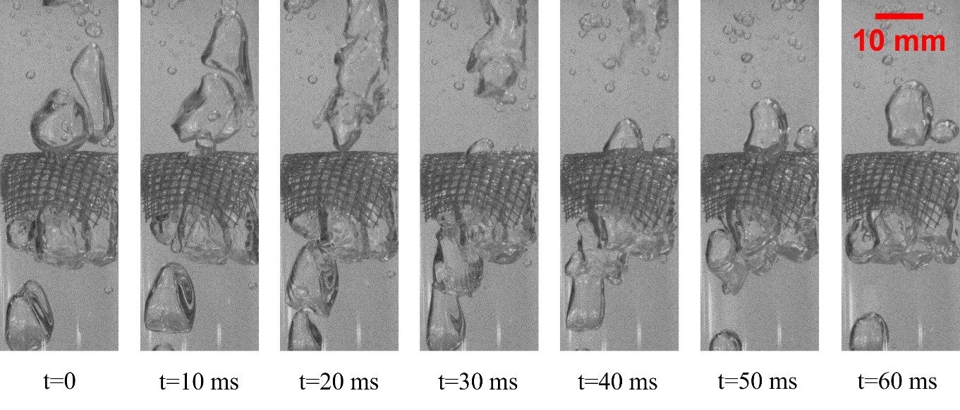 High-speed image sequence of bubbles passing through a fiber mat over sixty milliseconds