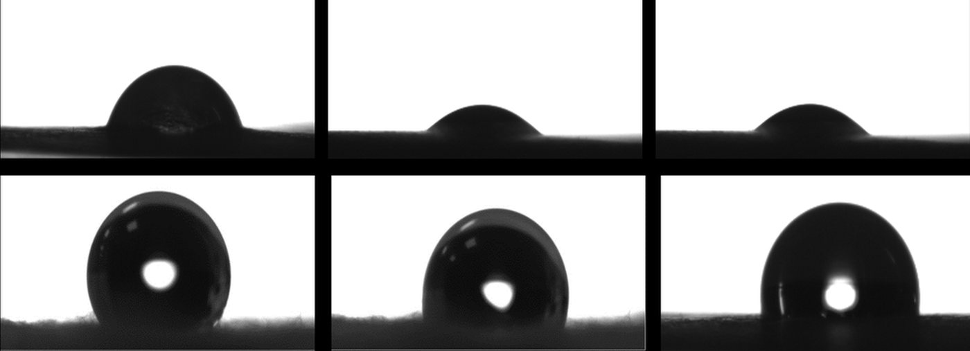 Time sequence of a water droplet detaching from a treated surface, imaged in silhouette