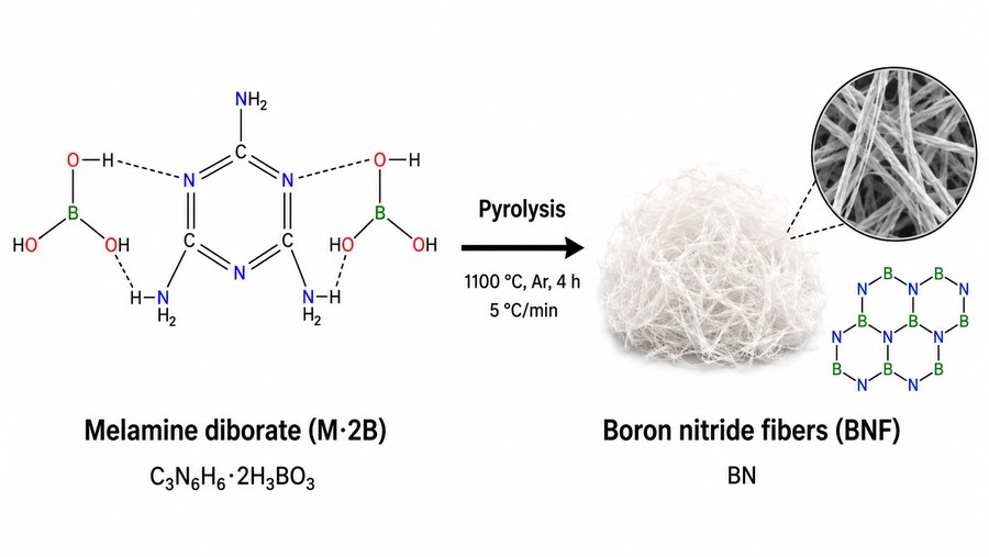 Reaction scheme: melamine diborate pyrolysed in argon yields boron nitride fibers